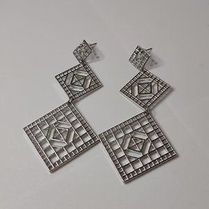 Long Silver Tone Metal Decorative Dangling Square Earrings